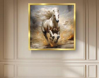 野生の白馬の絵画：疾走する牡馬の絵画（デジタルダウンロード