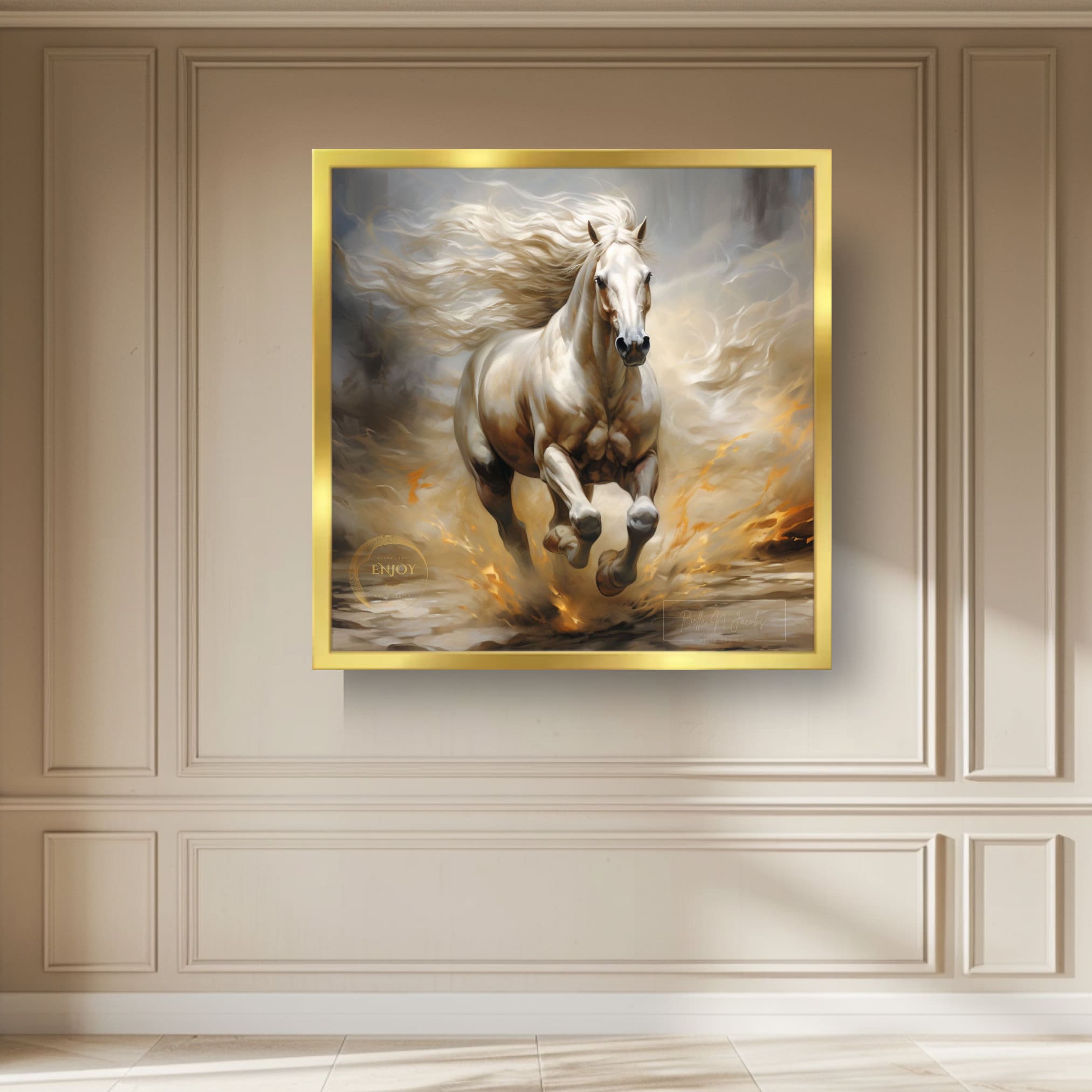 野生の白馬の絵画：疾走する牡馬の絵画（デジタルダウンロード