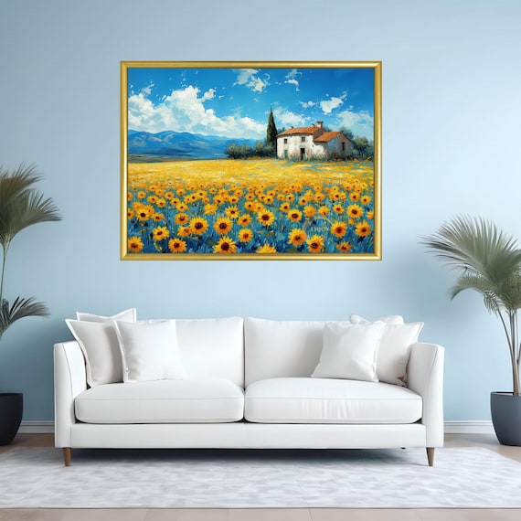 Van Gogh inspired Sunflower Field Painting: Rustic Country House Art (Digital Download)