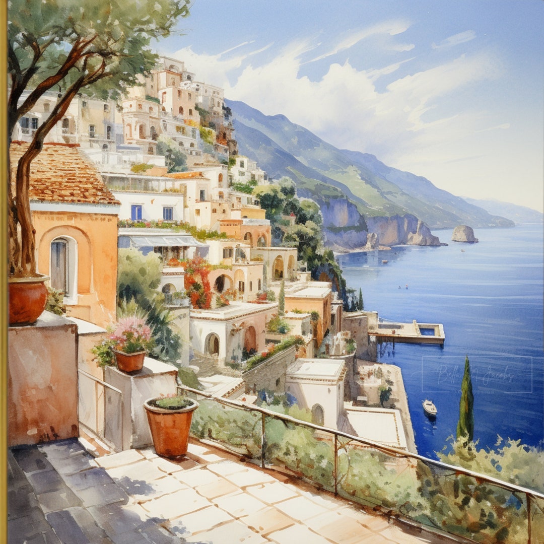 Tableau Toile Côte Amalfitaine - Peinture à L'huile Panoramique - Décoration Murale Moderne Sans Cadre