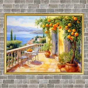Mediterranean coastal terrace view Amalfi coastal landscape wall art painting design digital wallpaper  orange tree panting GIFT