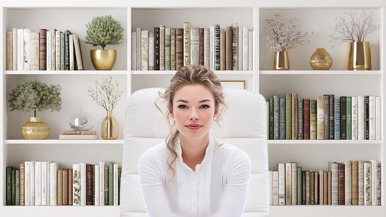 May include: A woman in a white shirt sits in front of a white bookshelf filled with books, decorative vases, and potted plants. The bookshelf is divided into sections, creating a visually organized display. The woman is the focal point, with a soft, neutral background.