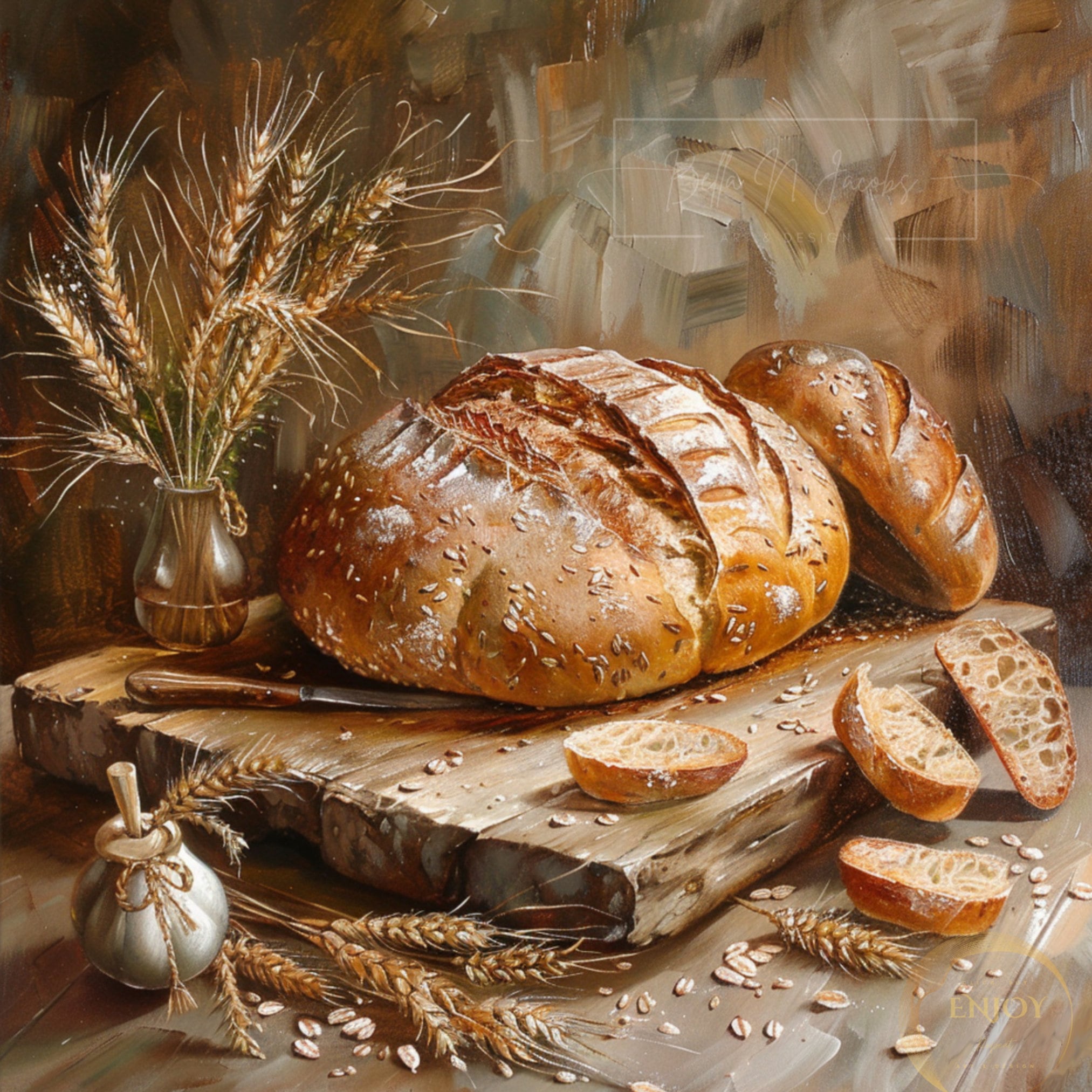 Vintage Sourdough Bread Still Life Print: Rustic Kitchen Decor