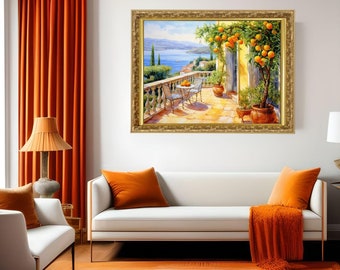 Pintura em aquarela da Costa Amalfitana: Terraço Mediterrâneo com Laranjeiras (Download Digital)