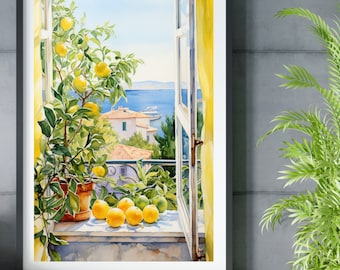 Sicily Lemon Tree Watercolor Print | Sicilian Wall Art | Mediterranean Sea Travel Gift | Cute Lemons Poster | Beach Window | Turquoise Water