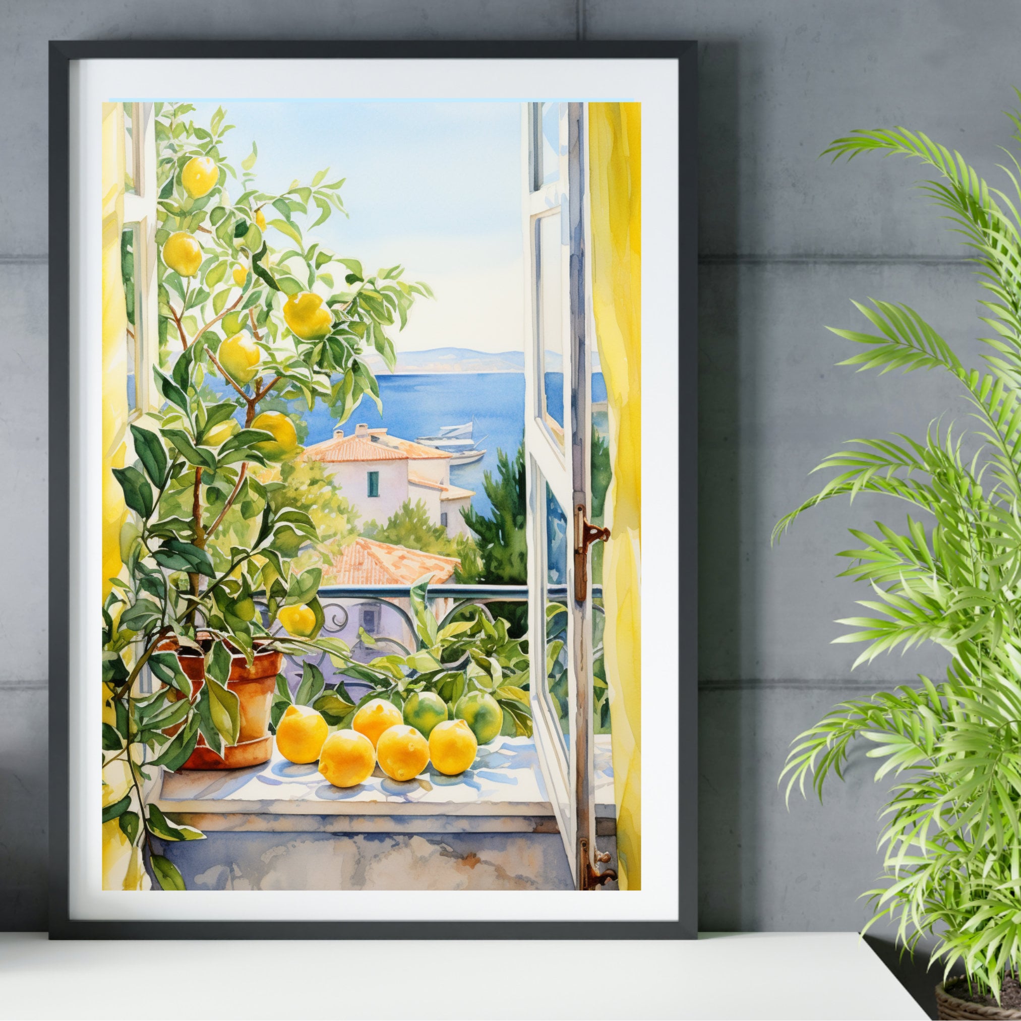 シチリア島のレモンの木の水彩画：地中海の窓辺の風景（デジタル
