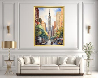 Pintura de Nueva York, horizonte de la ciudad de Nueva York, lámina artística en acuarela, paisaje urbano primaveral, arte mural, póster de viaje, Empire State Building, arte mural para oficina