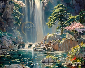 Waterfall Oil Painting Print: National Park Wall Art (Digital Download)