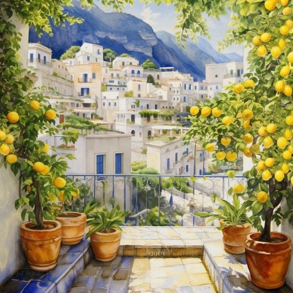 Amalfi coast Lemon Tree Courtyard Watercolor | Coastal View | Mediterranean Sea Travel Gift | Lemons Poster | Terrace view | GIFT