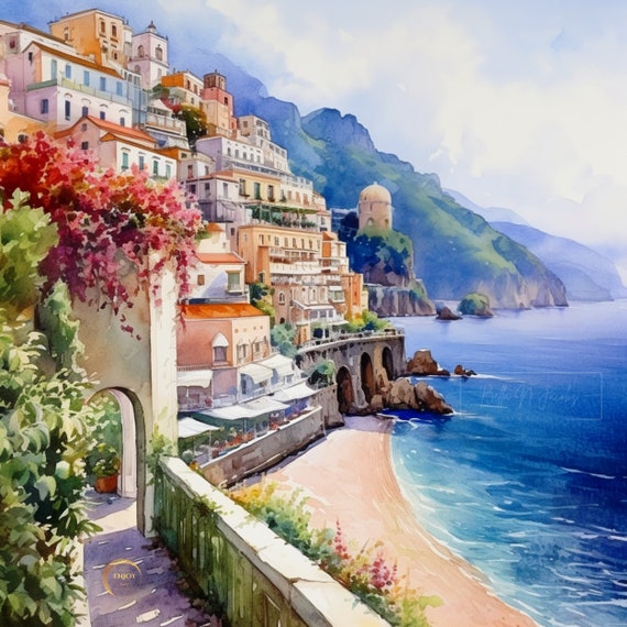 アマルフィ海岸の水彩画：ソレントの海景画（デジタルダウンロード