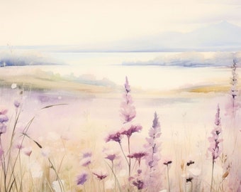 Pintura em aquarela de flores silvestres de Misty Valley: arte paisagística (download digital)