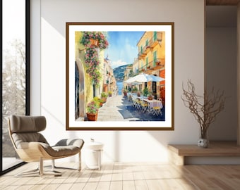 Acuarela de Sorrento, Italia: Escena callejera de la costa amalfitana (descarga digital)