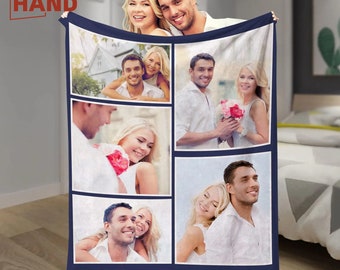 May include: A navy blue fleece blanket featuring a collage of six photographs of a couple. The photos are arranged in a grid pattern and are bordered with white lines. The text "LOVE YOU FOREVER" is printed in white at the bottom of the blanket.