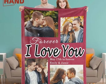 May include: A red fleece blanket featuring four photographs of a couple. The blanket has the text "Forever I Love You" and "May 17th to forever Emily & Jamie".