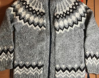 thick chunky knit hand made wool zip  up retro sweater cowichan style cardigan sweater