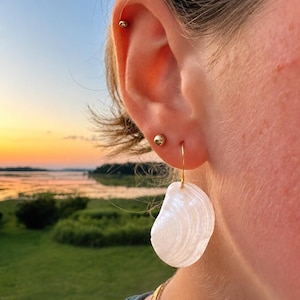 Pode incluir: Um brinco pendente com um pingente de concha branca iridescente suspenso por um aro fino de metal dourado. A concha tem uma forma orgânica natural com sulcos visíveis e um acabamento perolado suave que reflete a luz.