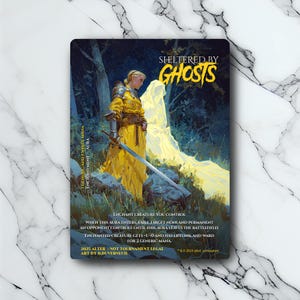Peut inclure: Carte d'art fantastique "Sheltered by Ghosts" avec une figure en armure jaune tenant une épée et une figure spectrale. Le texte de la carte comprend "Enchant Creature You Control" et d'autres détails du jeu. L'œuvre est de B. Duverneuil.