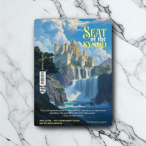 May include: A fantasy card depicting a castle, waterfalls, and the text "SEAT of the SYNOD." It also features "ARTIFACT LAND" and a quote about beauty and power. The card is marked "2025 ALTER - NOT TOURNAMENT LEGAL." The artwork is by B. Duverneuil.