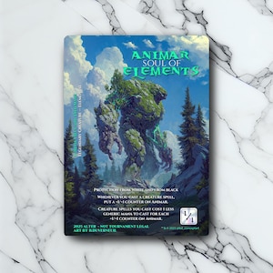 Peut inclure: Une carte avec le texte "ANIMAR SOUL OF ELEMENTS" et une illustration verte et bleue d'une grande créature élémentaire. La carte comprend du texte sur les sorts et les compteurs de créatures. L'art est de B. Duverneuil.
