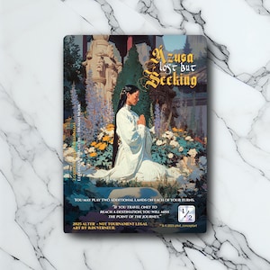 May include: A card featuring a serene scene with a woman in white robes, hands clasped in prayer, amidst a garden. The card reads "Azusa, lost but Seeking" with additional text and a 1/2 symbol. The art style is reminiscent of classical paintings.