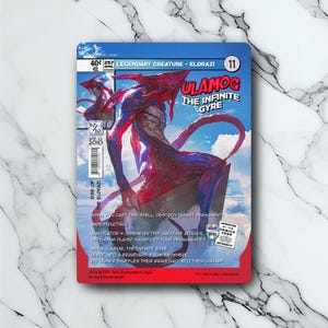 Könnte beinhalten: Eine Sammelkarte mit Ulamog, dem Unendlichen Wirbel. Die Karte hat ein blaues und rotes Design mit dem Text "Ulamog, the Infinite Gyre" und "Legendary Creature - Eldrazi". Die Karte stammt aus dem Rise of the Eldrazi-Set.