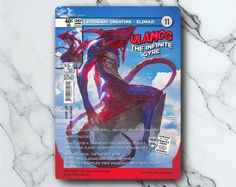 May include: A collectible card featuring the creature Ulamog, the Infinite Gyre. The card has a blue and red color scheme with the text "Ulamog, the Infinite Gyre" and "Legendary Creature - Eldrazi". The card is from the Rise of the Eldrazi set.
