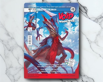May include: A collectible trading card featuring a blue and red Eldrazi creature, Void Winnower, with the number 9. The card has text that reads "Your opponents can't cast spells with even mana values, zero is even." and "Battle for Zendikar."