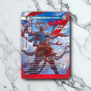 May include: A collectible trading card featuring Ulamog the Defiler. The card has a red border and shows a blue, multi-armed monster with a detailed illustration. Text includes "Legendary Creature - Eldrazi" and game rules.
