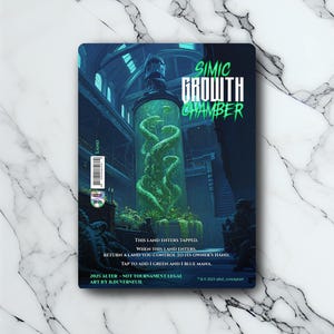 May include: A Simic Growth Chamber card with a futuristic illustration. The card features a large glass chamber with green, plant-like structures inside. Text includes "Simic Growth Chamber," and game instructions. The art is by B. Duverneuil.