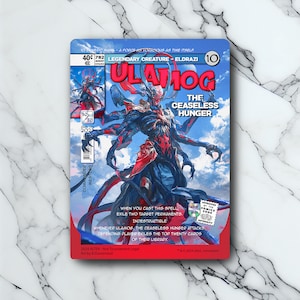 May include: A collectible card depicting the Eldrazi creature Ulamog, The Ceaseless Hunger, designed in a comic book style. The card features a blue, red, and white colour scheme, with text detailing the creature's name, abilities, and artist's name.