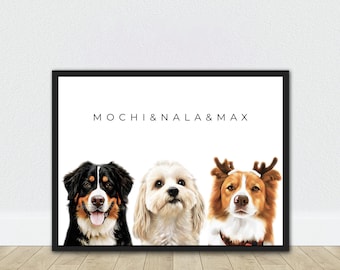 Custom 3 Pets Portraits Using Pet Photo Personalized Digital Dog Portraits Dog Lover Gift Custom Cat and dog Portrait Multiple