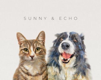 Custom Two Pets Portrait from Photo, Personalized Dog & Cat Portrait, Digital Pet Art, Pet Memorial Gift