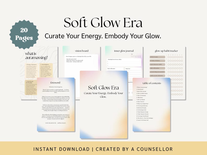 May include: A digital printable journal titled "Soft Glow Era: Curate Your Energy. Embody Your Glow." with 20 pages. The journal includes sections for vision board, inner glow journal, glow up habit tracker, and a table of contents. The pages have a soft gradient background with pink, blue, and yellow colors.