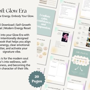 May include: A digital download journal titled "Soft Glow Era: Curate Your Energy. Embody Your Glow." with a pastel color scheme and a variety of pages for self-growth and energy reset. The journal includes prompts for self-care rituals, reflection, and energy reflection. The journal is 20 pages long.