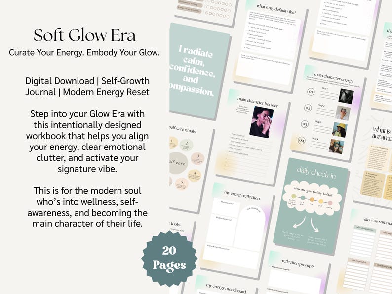 May include: A digital download journal titled "Soft Glow Era: Curate Your Energy. Embody Your Glow." with a pastel color scheme and a variety of pages for self-growth and energy reset. The journal includes prompts for self-care rituals, reflection, and energy reflection. The journal is 20 pages long.