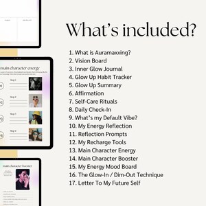 May include: A digital planner with a purple and pink gradient background. The planner includes a list of 17 items, including "What is Auramaxxing?", "Vision Board", "Inner Glow Journal", "Glow Up Habit Tracker", "Glow Up Summary", "Affirmation", "Self-Care Rituals", "Daily Check-In", "What's my Default Vibe?", "My Energy Reflection", "Reflection Prompts", "My Recharge Tools", "Main Character Energy", "Main Character Booster", "My Energy Mood Board", "The Glow-In / Dim-Out Technique", and "Letter To My Future Self".