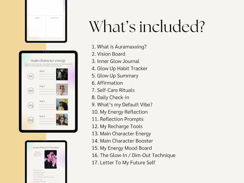 May include: A digital planner with a purple and pink gradient background. The planner includes a list of 17 items, including "What is Auramaxxing?", "Vision Board", "Inner Glow Journal", "Glow Up Habit Tracker", "Glow Up Summary", "Affirmation", "Self-Care Rituals", "Daily Check-In", "What's my Default Vibe?", "My Energy Reflection", "Reflection Prompts", "My Recharge Tools", "Main Character Energy", "Main Character Booster", "My Energy Mood Board", "The Glow-In / Dim-Out Technique", and "Letter To My Future Self".