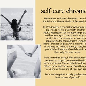 May include: Black and white photo collage with text overlay. The text reads "self-care chronicles" and includes a welcome message and information about the creator's services. The photos show a person walking into the ocean and two people holding hands.