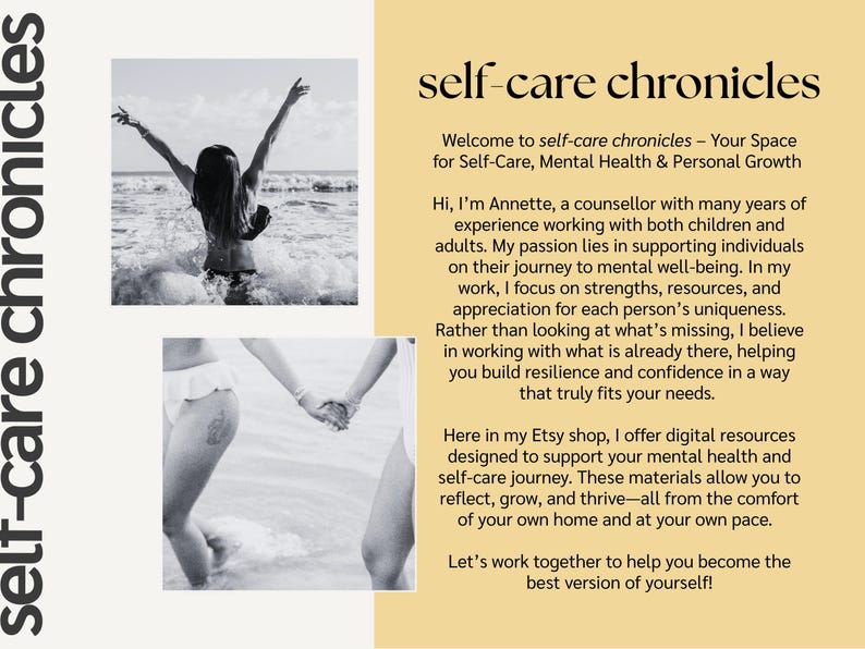 May include: Black and white photo collage with text overlay. The text reads "self-care chronicles" and includes a welcome message and information about the creator's services. The photos show a person walking into the ocean and two people holding hands.
