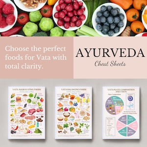 May include: Three illustrated cheat sheets for Vata balancing foods in Ayurveda. The first sheet lists foods that aggravate Vata, the second lists foods that balance Vata, and the third shows a plate composition with percentages of protein, carbs, and fats.