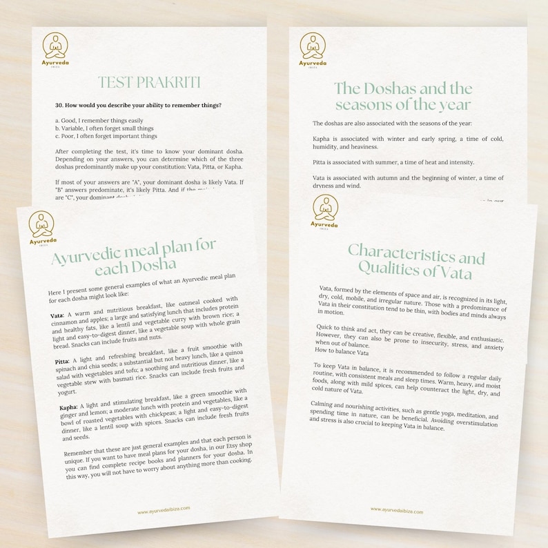 Ayurveda Dosha Test and Ebook Printable Workbook With Ayurvedic