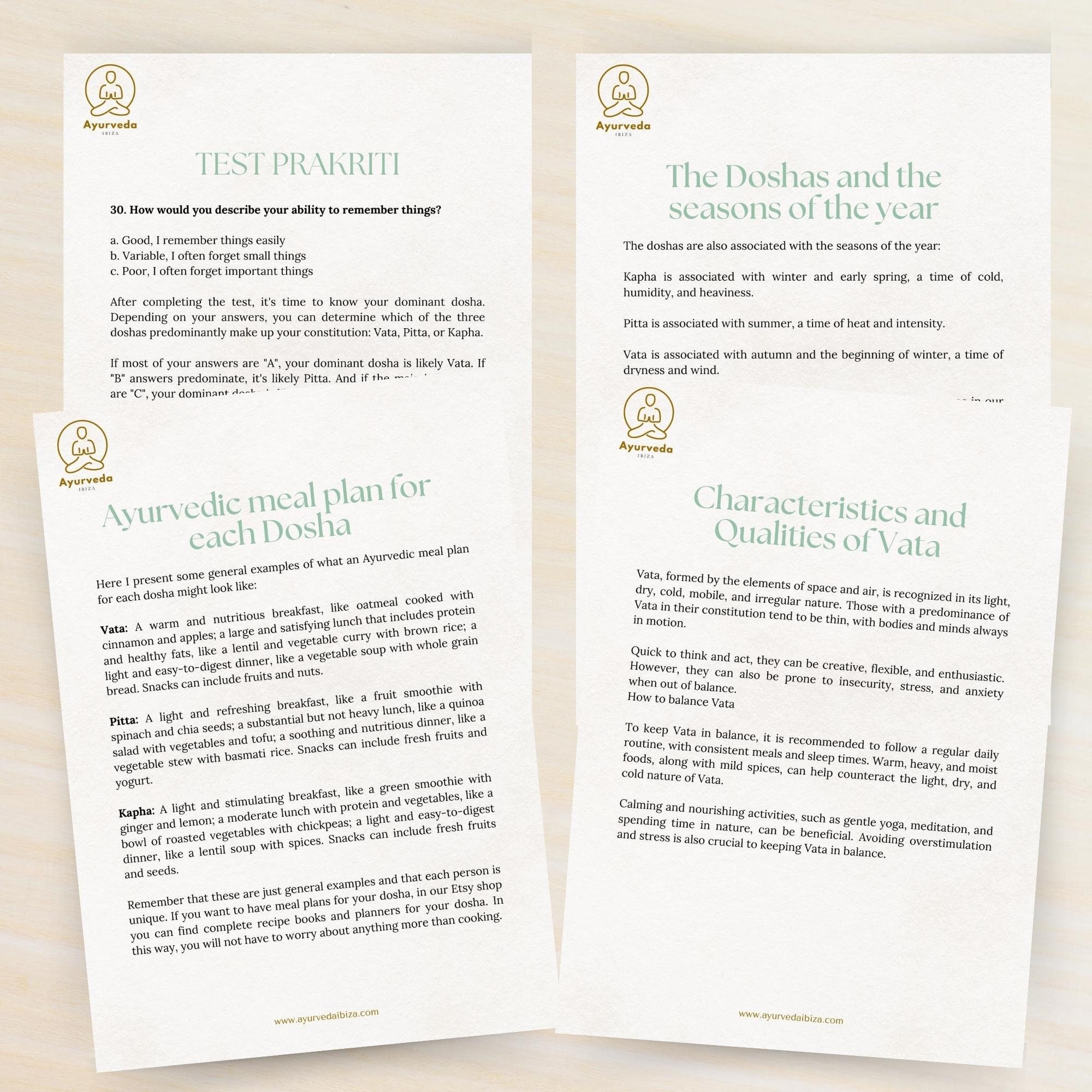 Ayurveda Dosha Test and Ebook Printable Workbook With Ayurvedic
