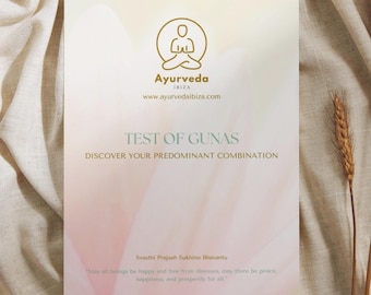 May include: A printed document with the Ayurveda Ibiza logo and the text "TEST OF GUNAS". The document has a soft color palette of white, pink, and gold, with a wheat stalk in the background.