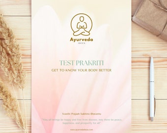 May include: A pink and white brochure with the text "Ayurveda Ibiza" and "Test Prakriti: Get to Know Your Body Better". The brochure features a stylized image of a person sitting in a meditative pose.