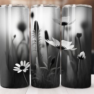 Wild Flowers, Black and White, smokey, 20oz Skinny Tumbler Wrap, Sublimation Design, Straight Tumbler, PNG Digital Download (9.3x8.2)
