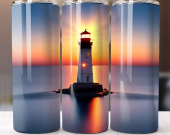 Light House, Sunset, Water, 20oz Skinny Tumbler Wrap, Sublimation Design, Straight Tumbler, PNG Digital Download (9.3x8.2)