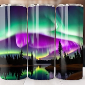 Northern Lights, Lake, Reflection 20oz skinny tumbler wrap Sublimation design, straight tumbler, PNG Download (9.3x8.2) Colorful, Pretty