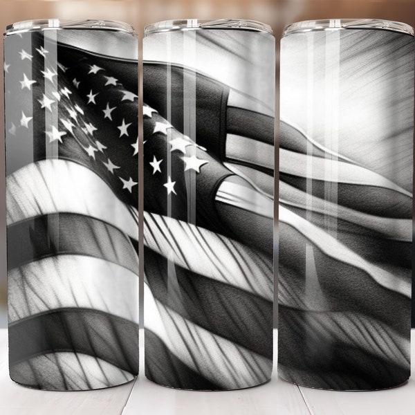 American Flag, Black and White, Pencil drawing, 20oz Skinny Tumbler Wrap, Sublimation Design, Straight Tumbler, PNG Digital Download 9.3x8.2