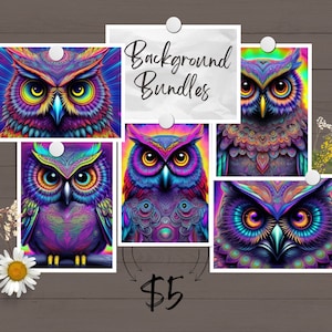 Psychedelic Owls, Trippy, Neon PNG Background Bundle, (5) -Tumbler Wrap, Sublimation Design, Straight Tumbler, PNG Digital Download 9.3x8.2