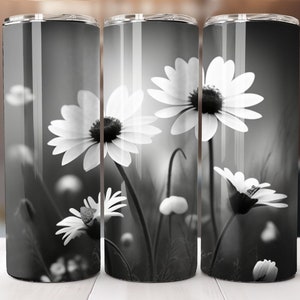Flowers, Black and White, 20oz Skinny Tumbler Wrap, Sublimation Design, Straight Tumbler, PNG Digital Download (9.3x8.2)